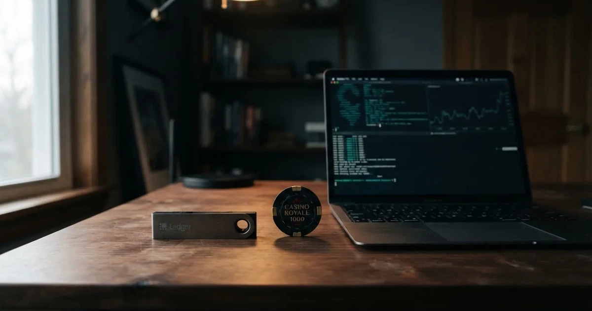 Carteira de hardware e computador portátil numa secretária, com luz suave — cassinos sem kyc em portugal