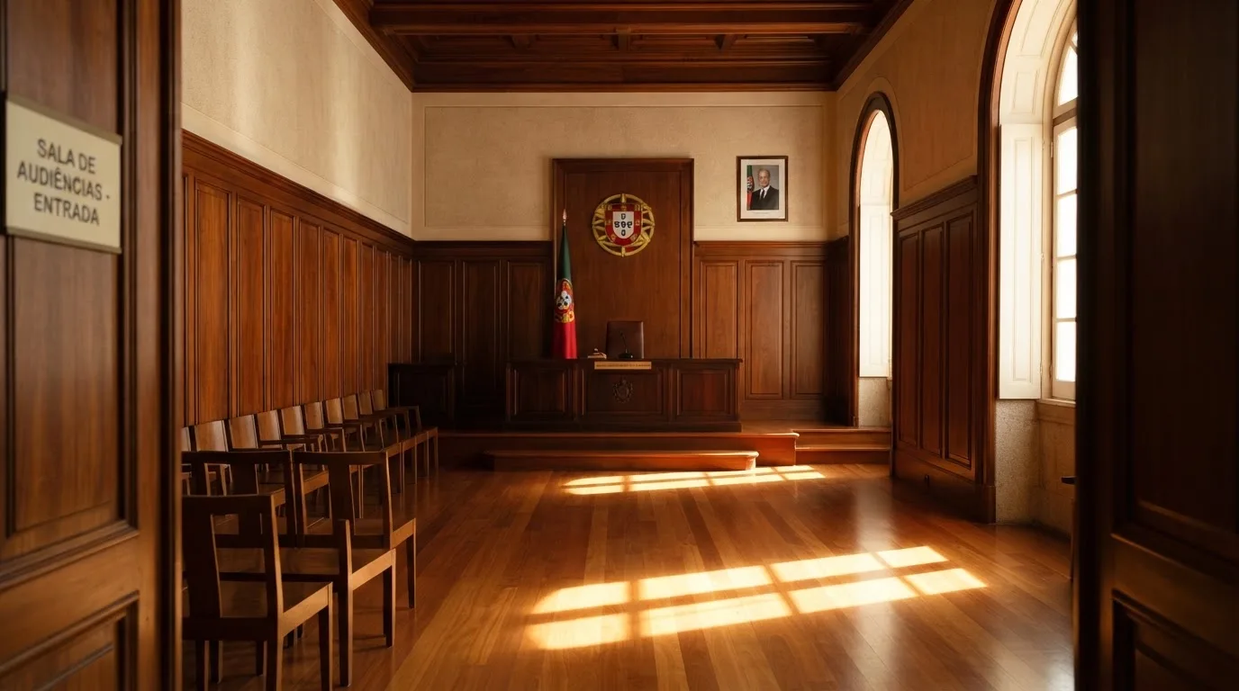 Sala de tribunal vazia com painéis de madeira, à luz da manhã — como jogar em casino pt