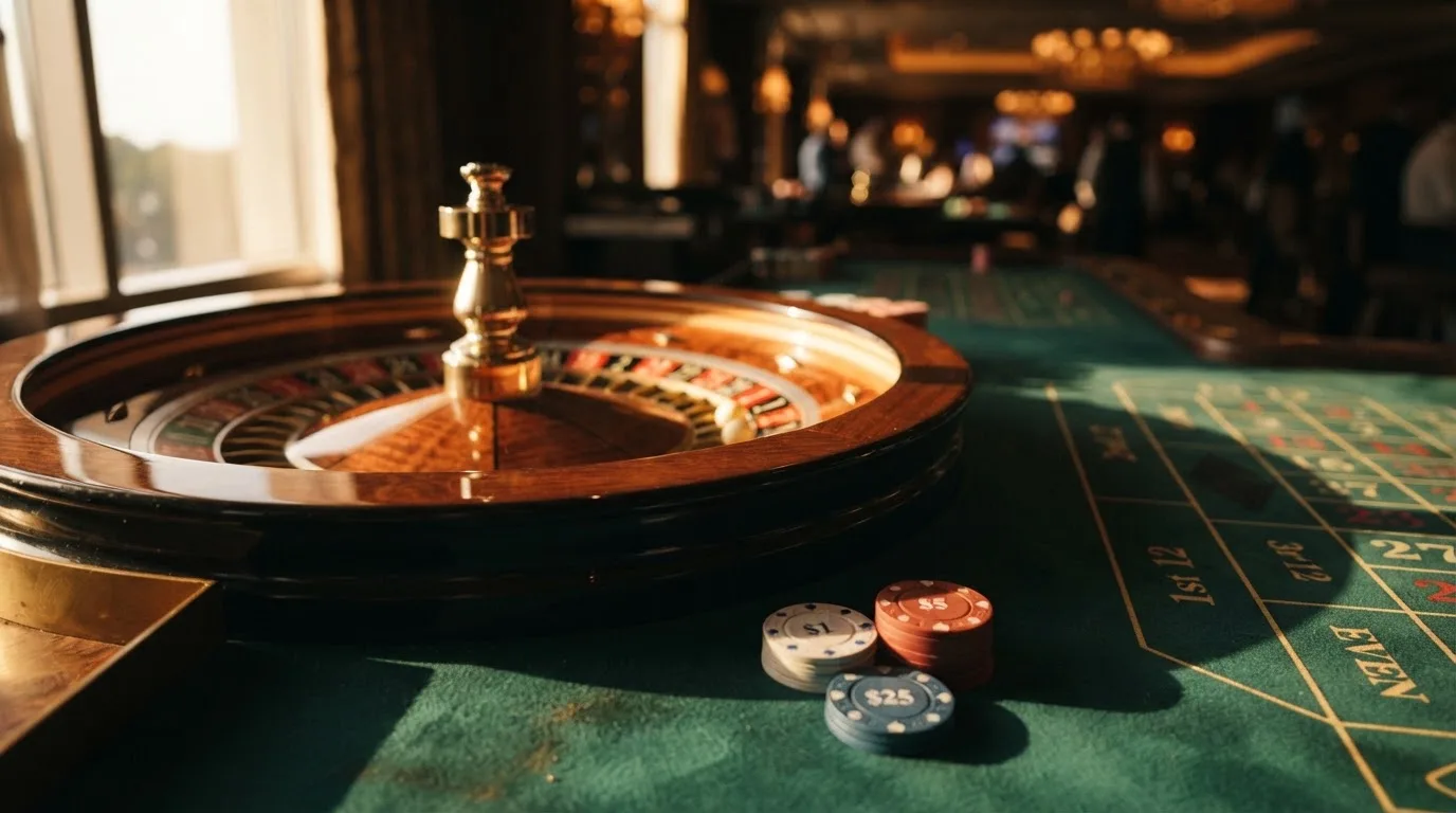 Roda de roleta e fichas sobre feltro verde, sob uma luz quente de fim de tarde — como jogar em casino pt