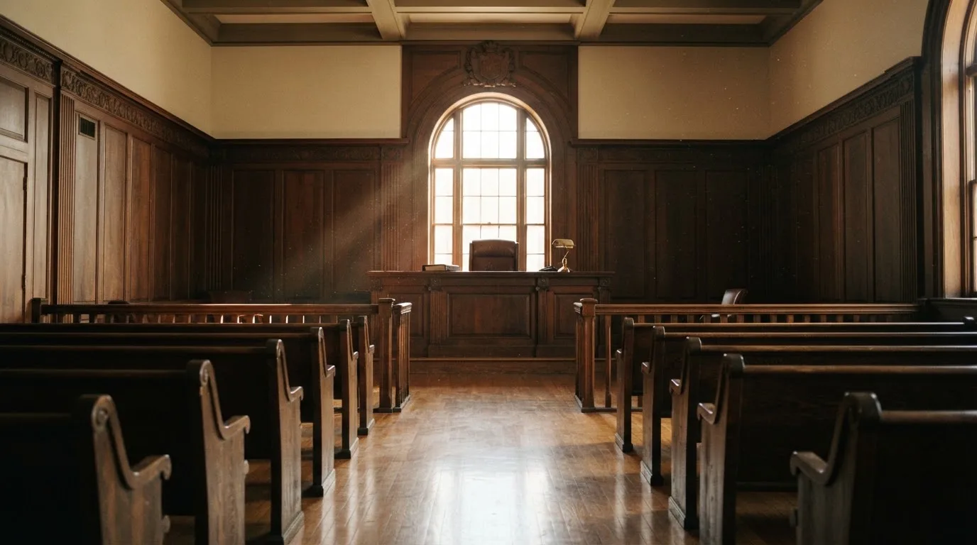 Sala de tribunal vazia com painéis de madeira, à luz da manhã — estratégia de roleta para portugueses