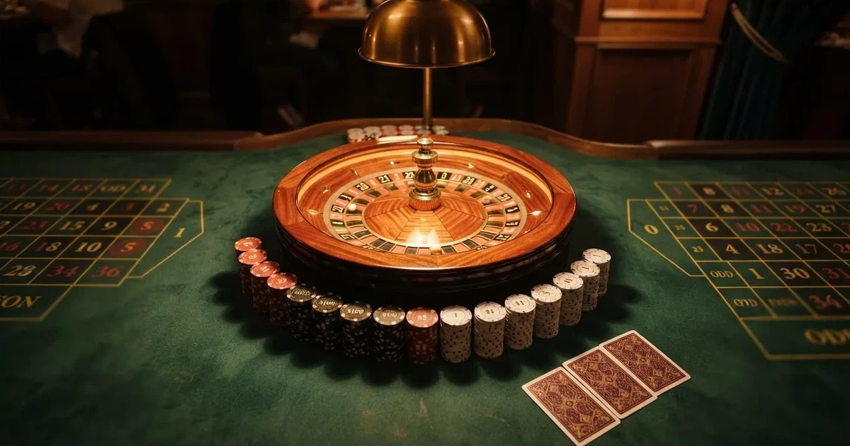 Mesa de jogo iluminada com cartas, vista de cima — estratégia de roleta para portugueses