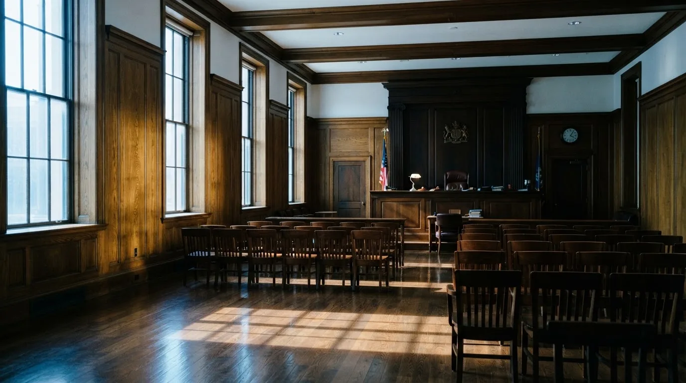 Sala de tribunal vazia com painéis de madeira, à luz da manhã — guias de casino para os portugueses