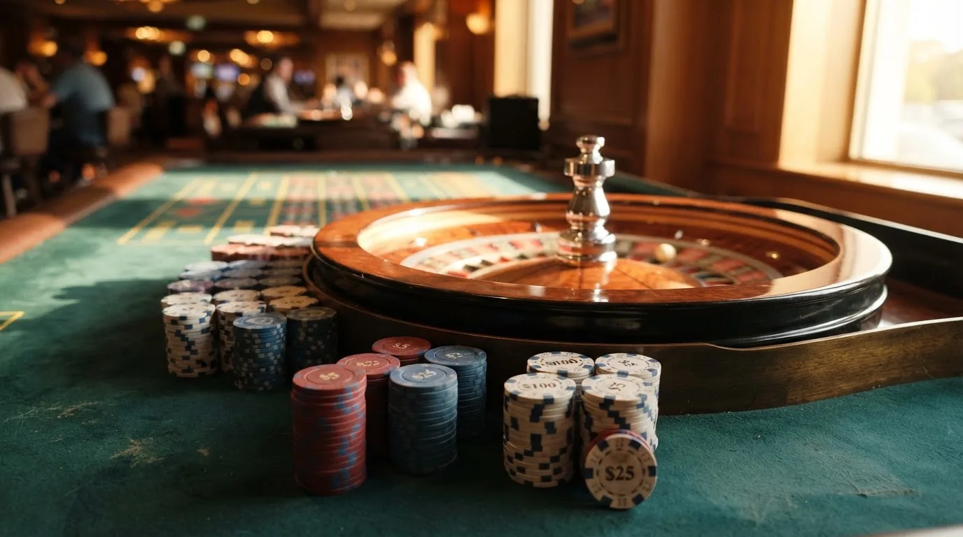 Roda de roleta e fichas sobre feltro verde, sob uma luz quente de fim de tarde — guias de casino para os portugueses