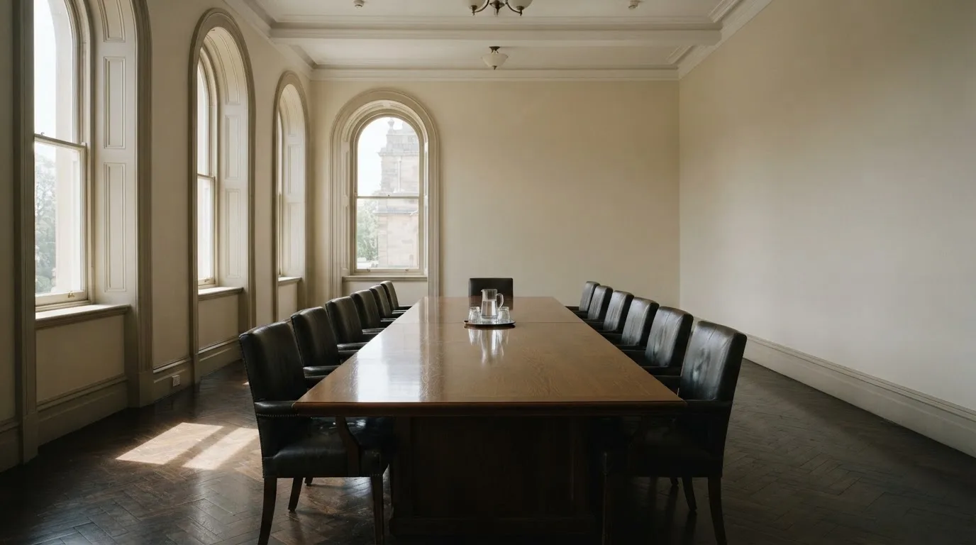 Sala de reuniões de um organismo público com mesa comprida, cadeiras alinhadas e janelas altas, sem pessoas, luz de manhã.