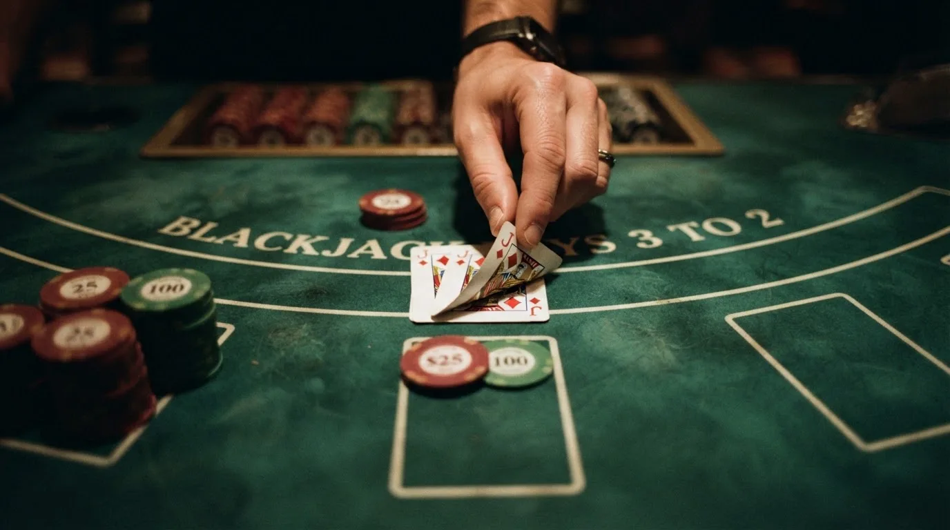 Mãos a espreitar duas cartas viradas para baixo numa mesa de feltro verde, com pilhas de fichas desfocadas ao lado.