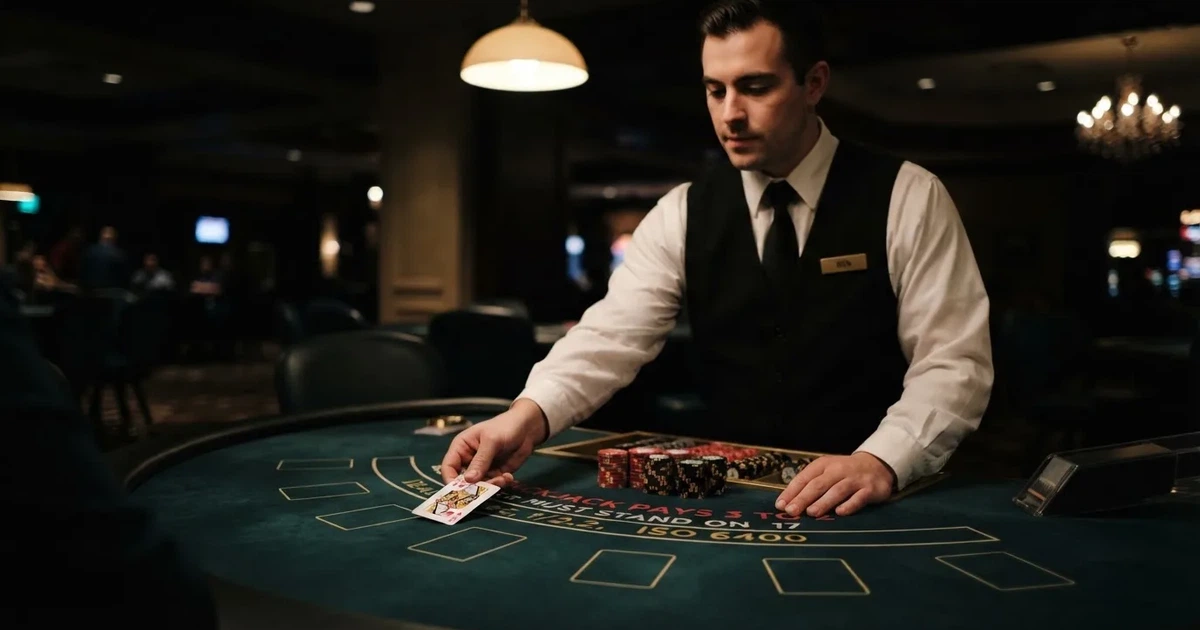 Croupier de colete preto a distribuir cartas numa mesa de blackjack semicircular, feltro verde, fichas empilhadas e iluminação baixa.