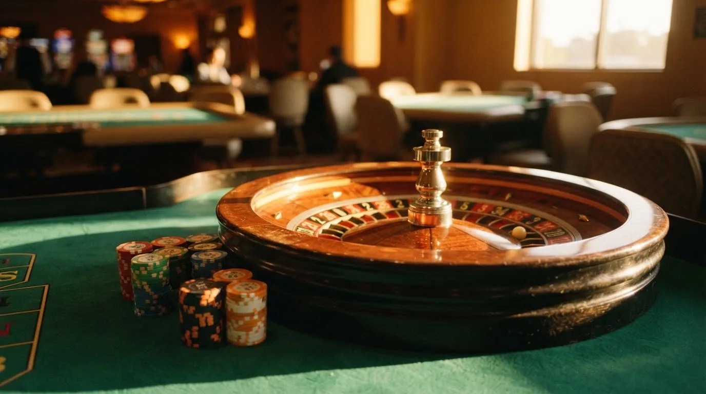 Roda de roleta e fichas sobre feltro verde, sob uma luz quente de fim de tarde — jogar no casino em portugal
