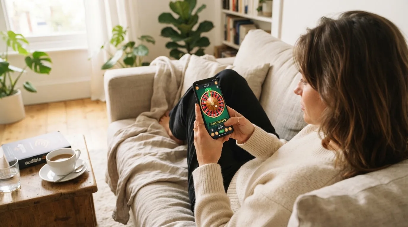 Mulher sentada num sofá a jogar roleta no telemóvel, com uma chávena de café na mesa e luz natural a entrar pela janela.