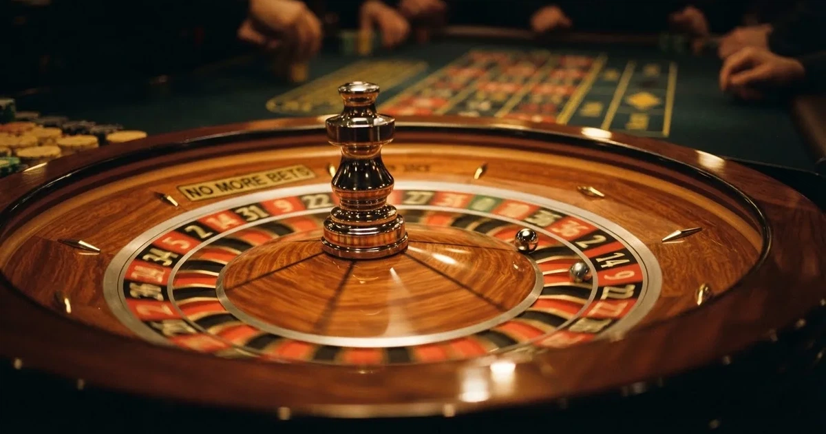 Grande plano de uma roda de roleta a girar, com a bola branca a saltar entre as casas vermelhas e pretas sob luz quente.