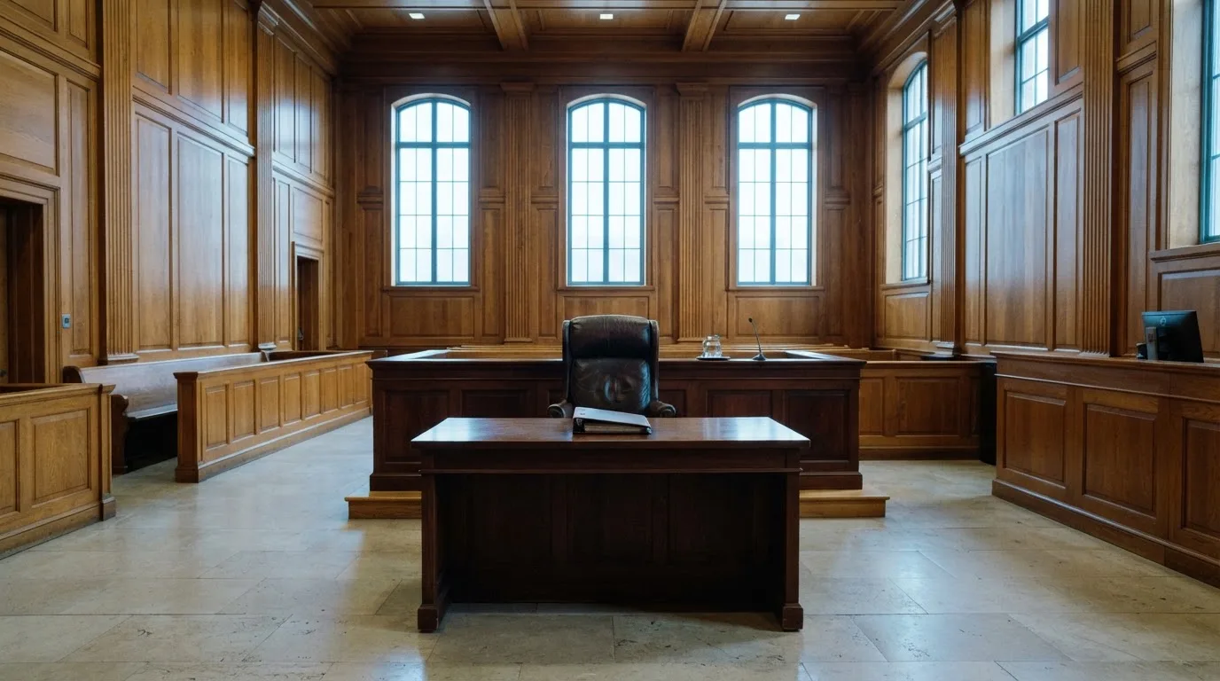 Sala de tribunal vazia com painéis de madeira, à luz da manhã — jogo de craps em portugal