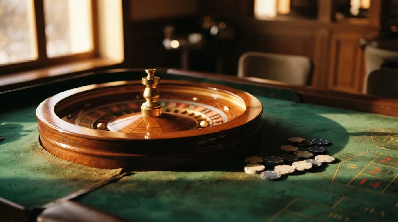 Roda de roleta e fichas sobre feltro verde, sob uma luz quente de fim de tarde — jogo de craps em portugal