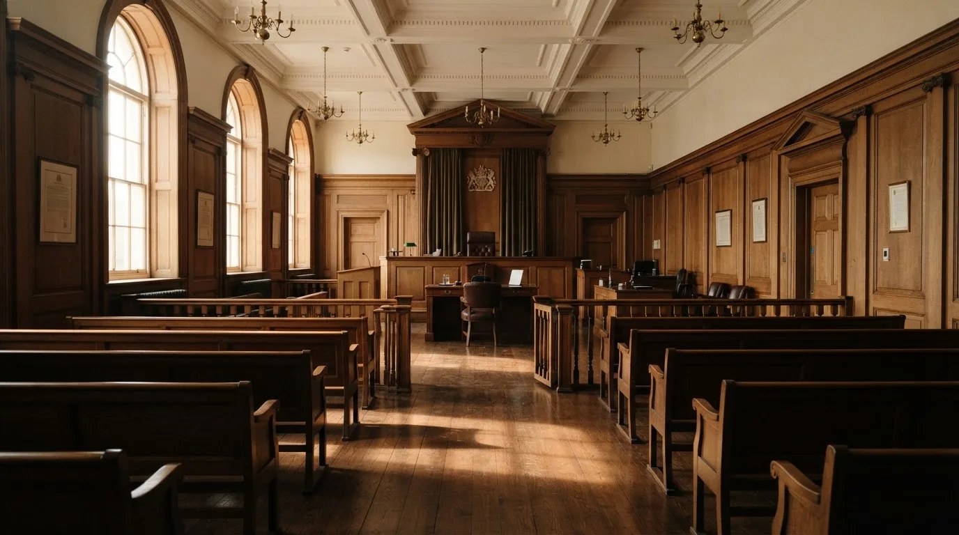 Sala de tribunal vazia com painéis de madeira, à luz da manhã — jogos de caça-níqueis em portugal