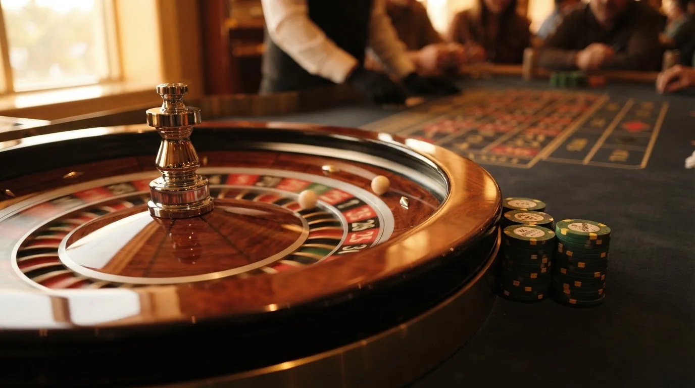 Roda de roleta e fichas sobre feltro verde, sob uma luz quente de fim de tarde — jogos de caça-níqueis em portugal