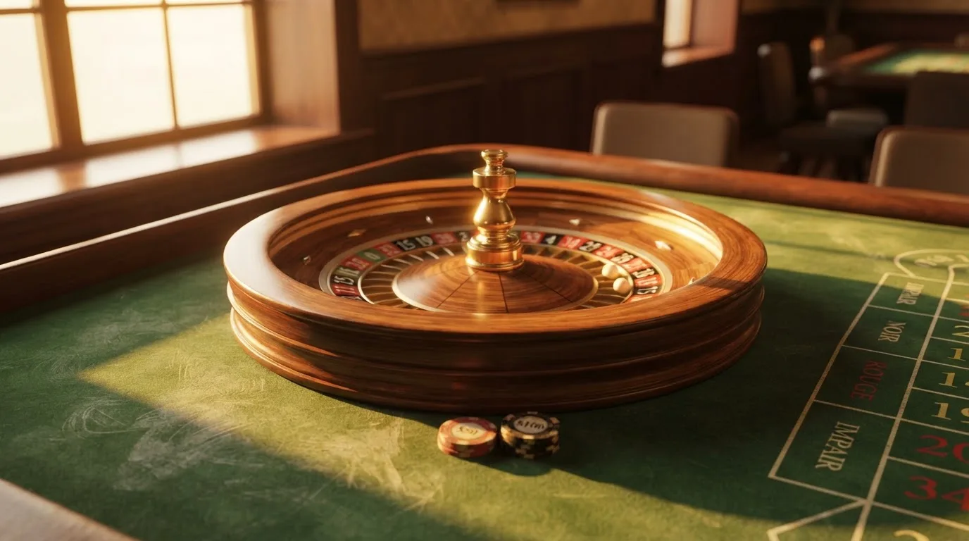 Roda de roleta e fichas sobre feltro verde, sob uma luz quente de fim de tarde — jogos de casino em portugal