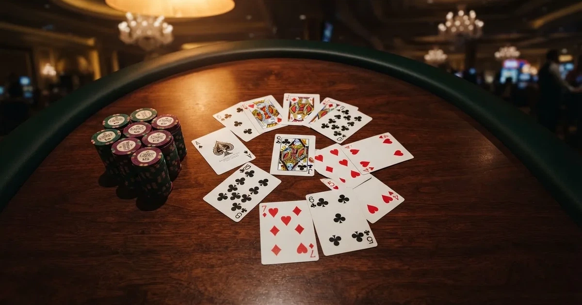 Mesa de jogo iluminada com cartas, vista de cima — jogos de casino em portugal