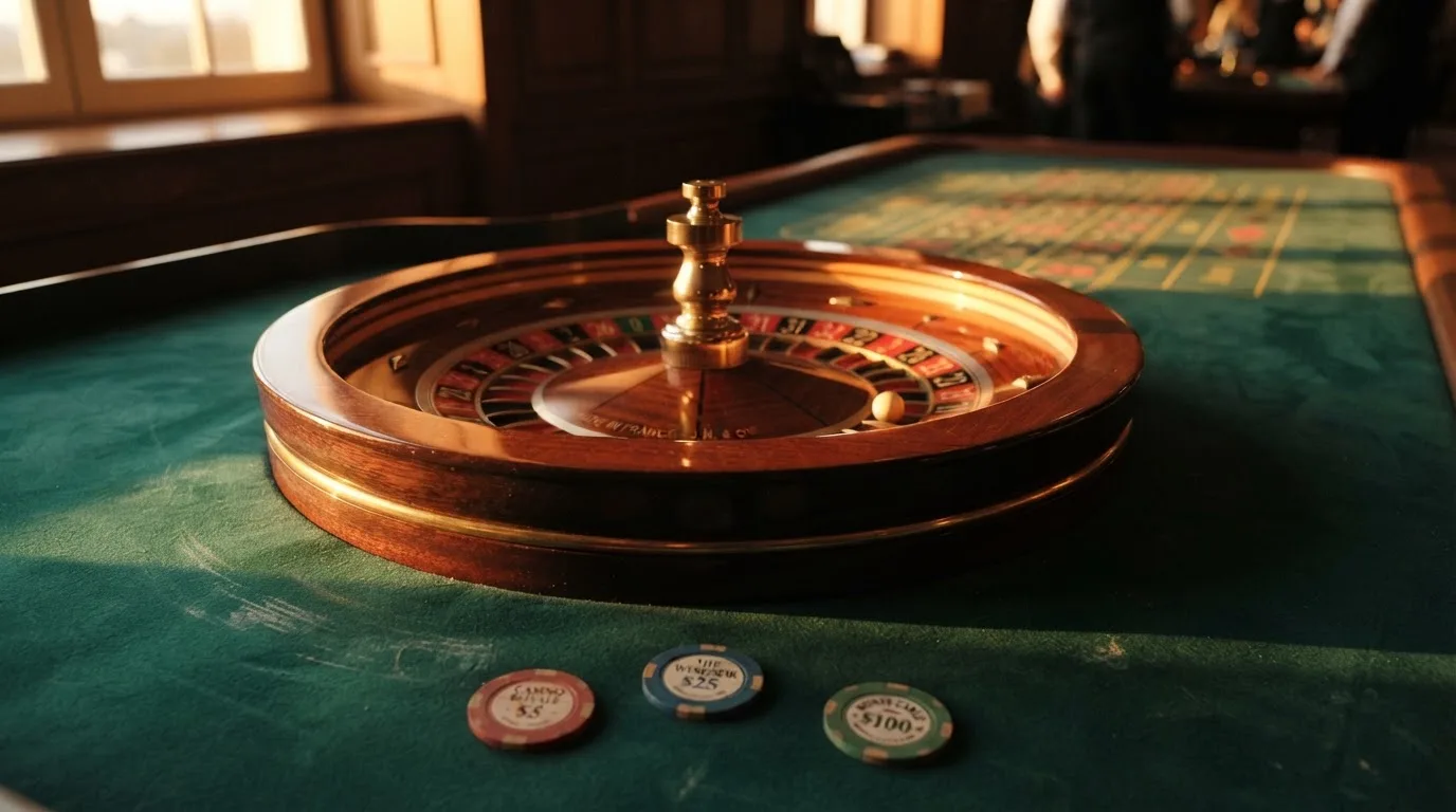 Roda de roleta e fichas sobre feltro verde, sob uma luz quente de fim de tarde — jogos de casino grátis pt