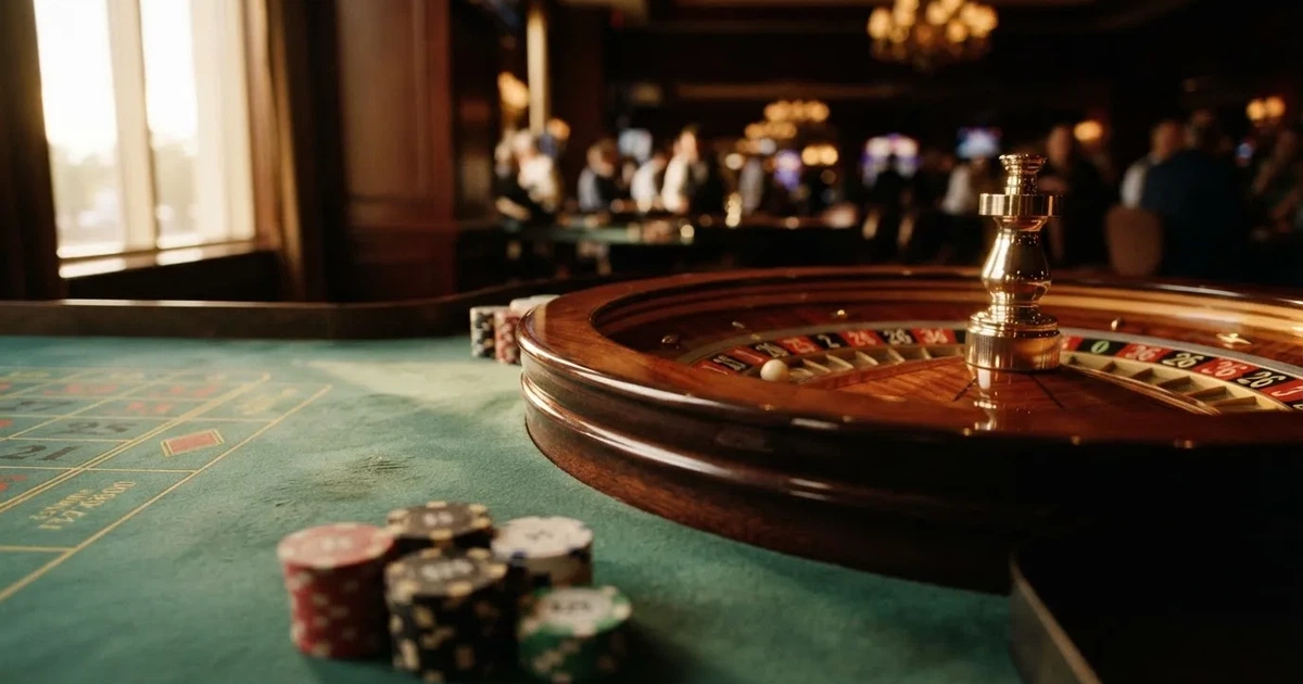 Roda de roleta e fichas sobre feltro verde, sob uma luz quente de fim de tarde — jogos de casino online pt