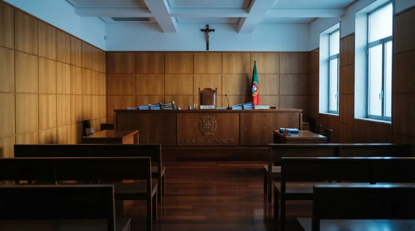 Sala de tribunal vazia com painéis de madeira, à luz da manhã — jogos de cassino em portugal
