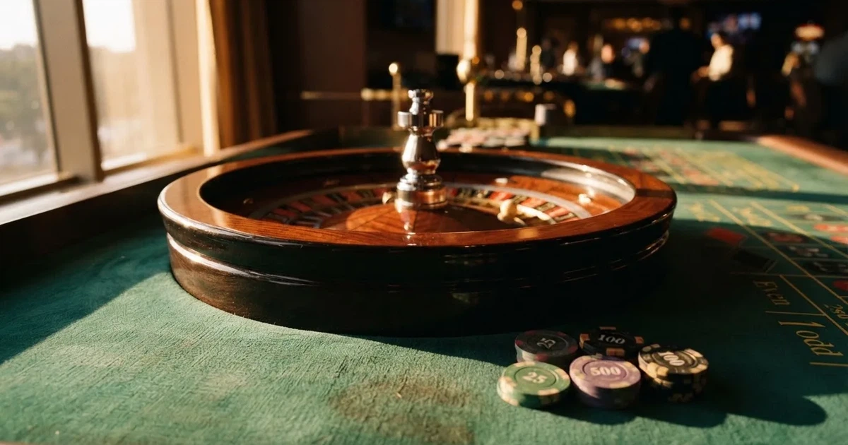 Roda de roleta e fichas sobre feltro verde, sob uma luz quente de fim de tarde — jogos de cassino em portugal