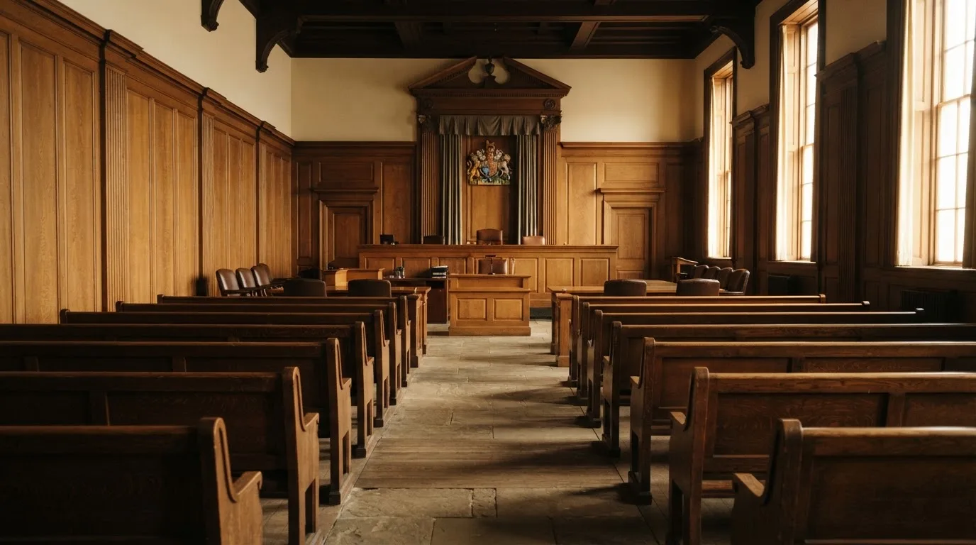 Sala de tribunal vazia com painéis de madeira, à luz da manhã — jogos de roleta em casino pt