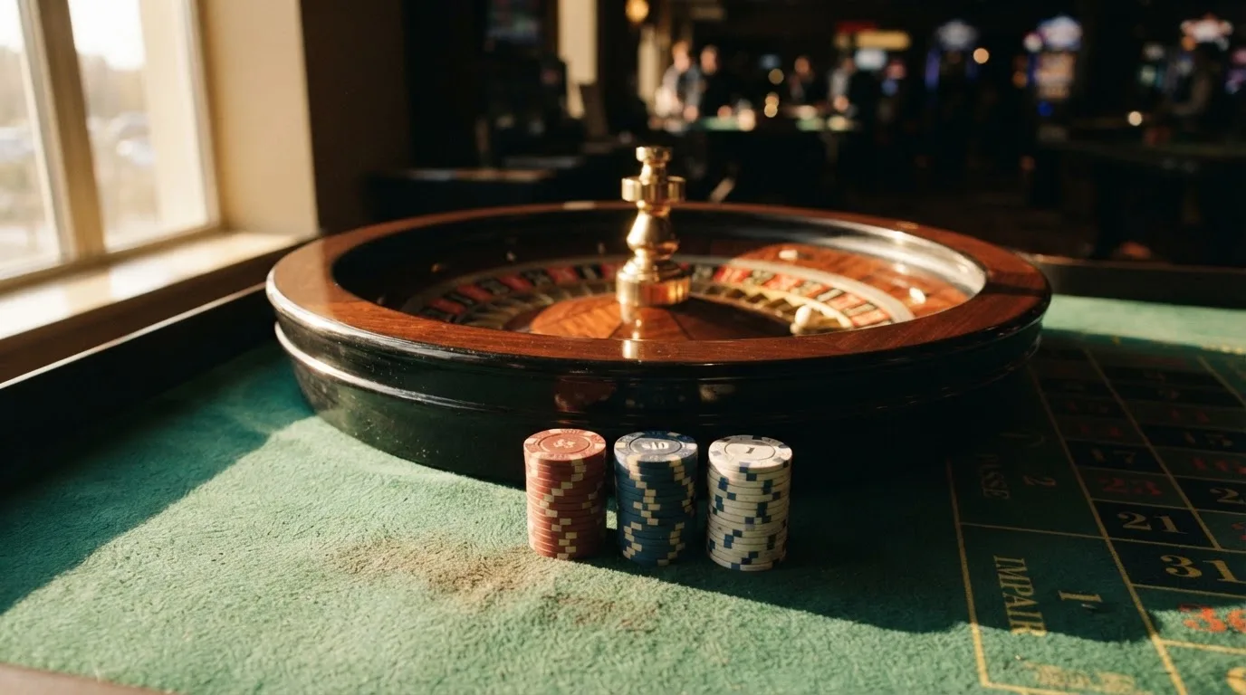 Roda de roleta e fichas sobre feltro verde, sob uma luz quente de fim de tarde — jogos de roleta em casino pt