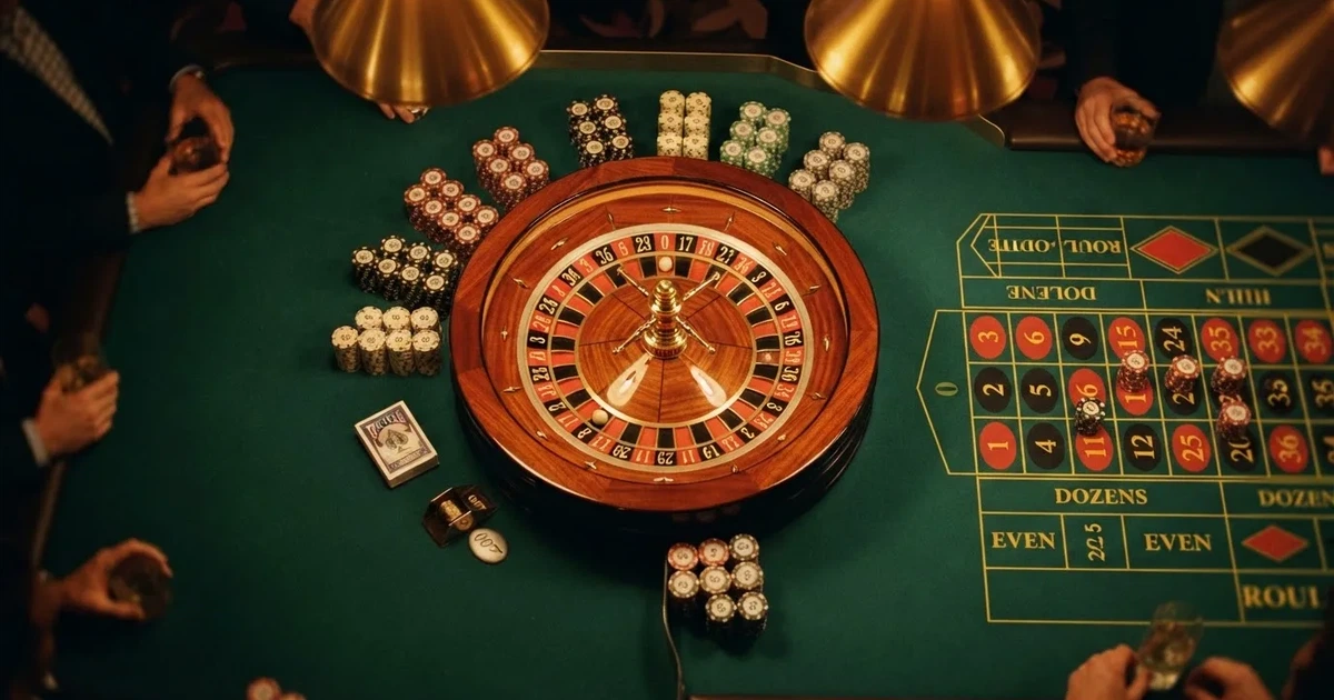 Mesa de jogo iluminada com cartas, vista de cima — jogos de roleta em casino pt