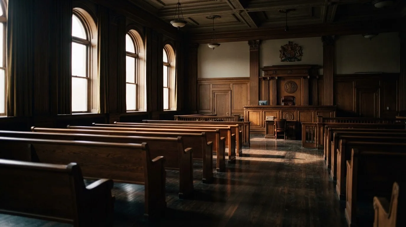 Sala de tribunal vazia com painéis de madeira, à luz da manhã — jogos de slots em portugal