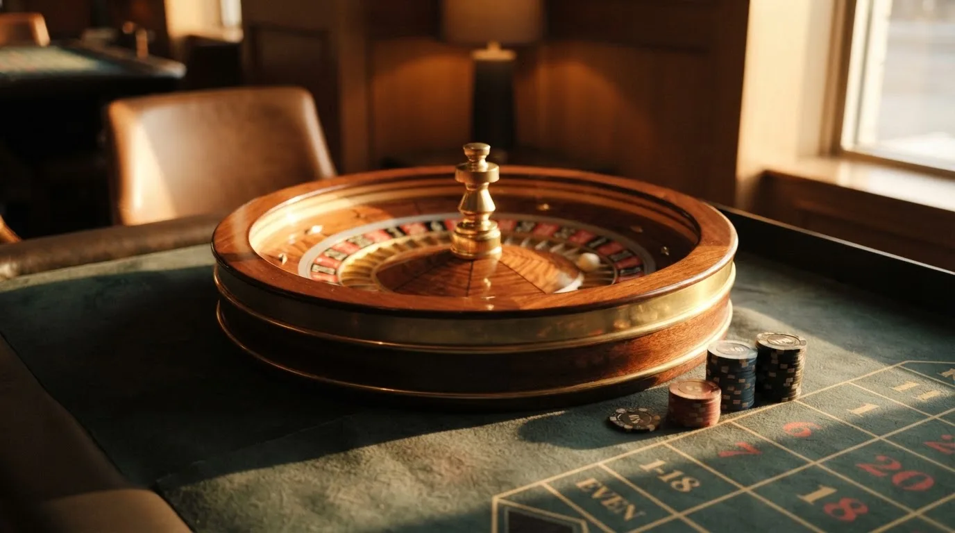 Roda de roleta e fichas sobre feltro verde, sob uma luz quente de fim de tarde — jogos de slots em portugal