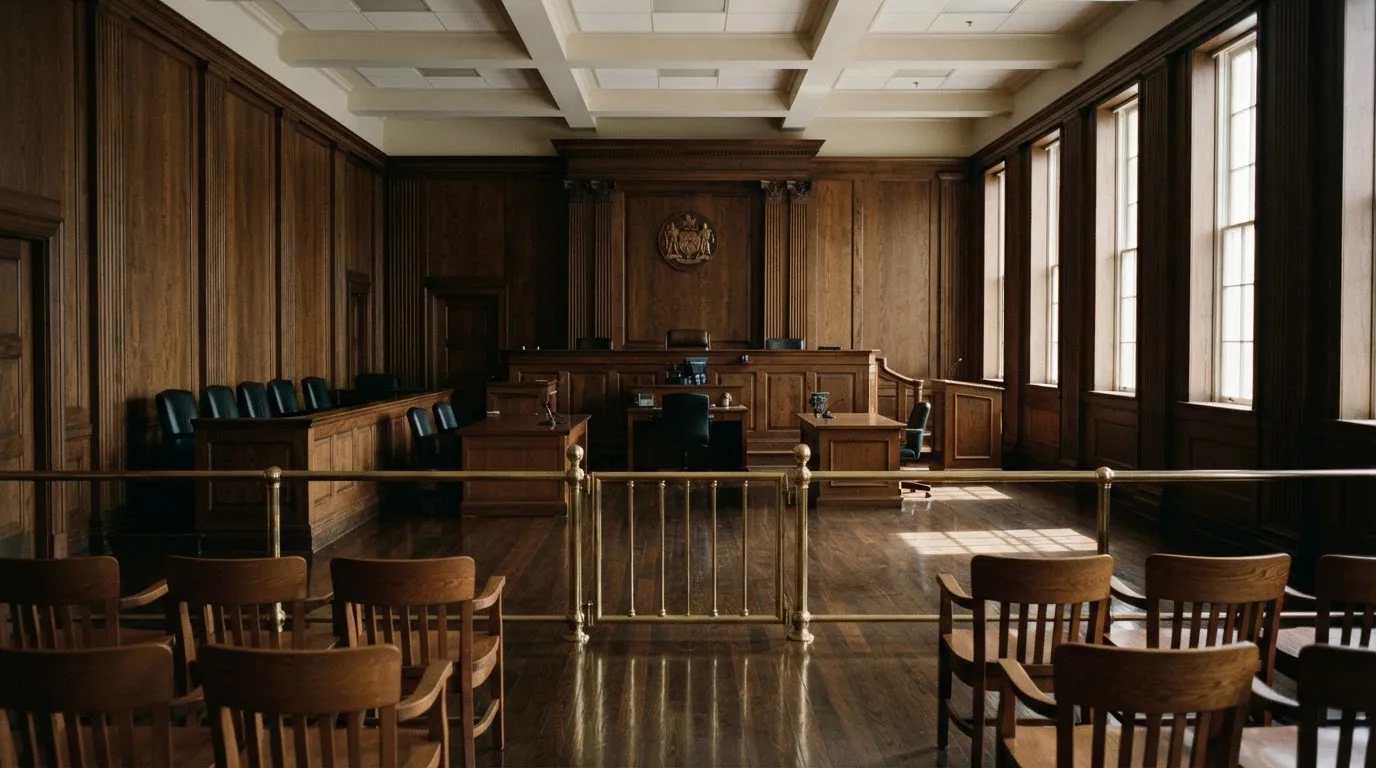 Sala de tribunal vazia com painéis de madeira, à luz da manhã — keno em cassino pt