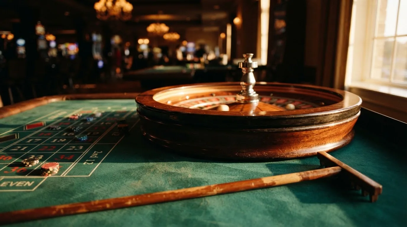 Roda de roleta e fichas sobre feltro verde, sob uma luz quente de fim de tarde — live casinos em portugal
