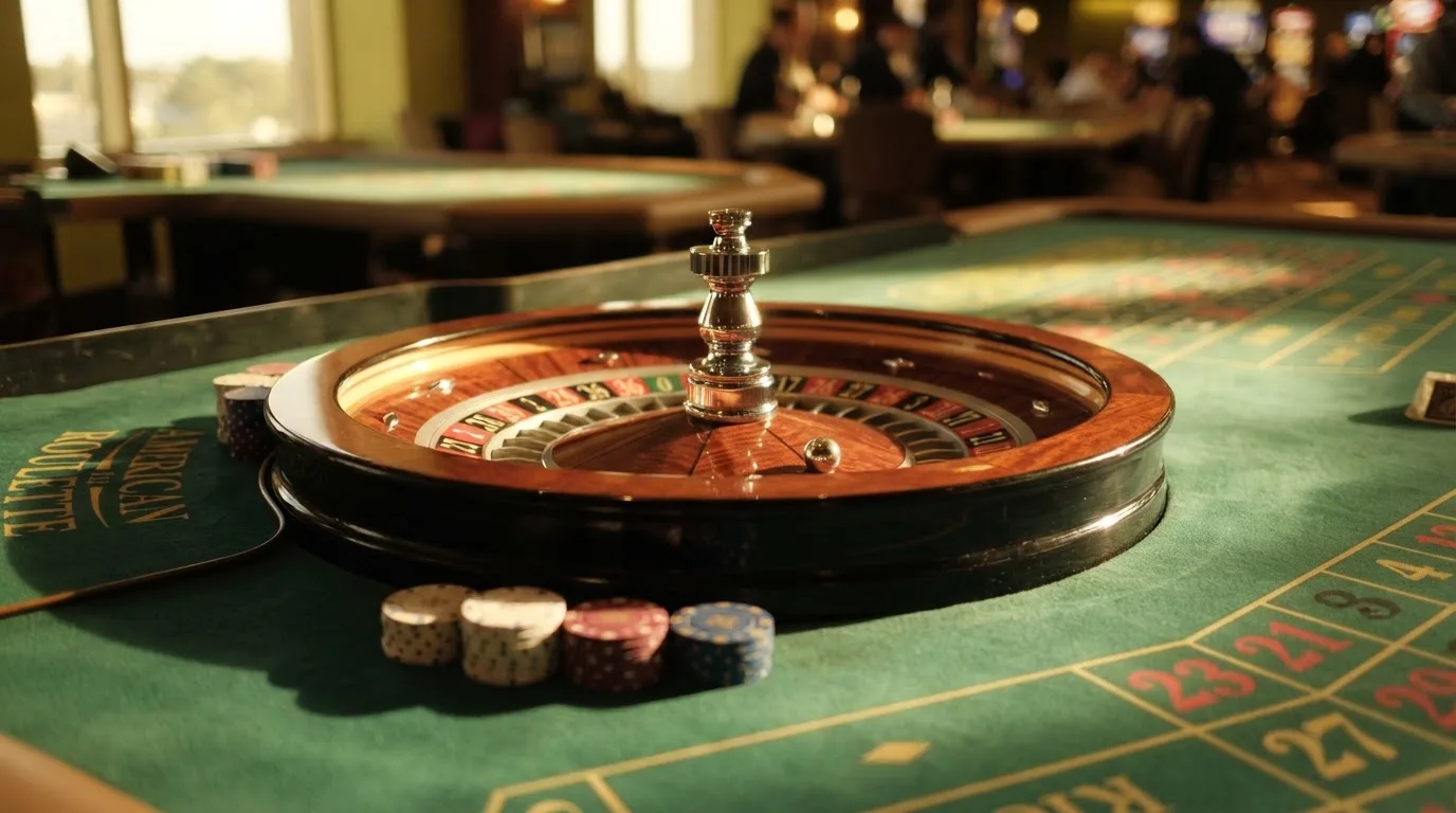 Roda de roleta e fichas sobre feltro verde, sob uma luz quente de fim de tarde — máquinas de casino em portugal
