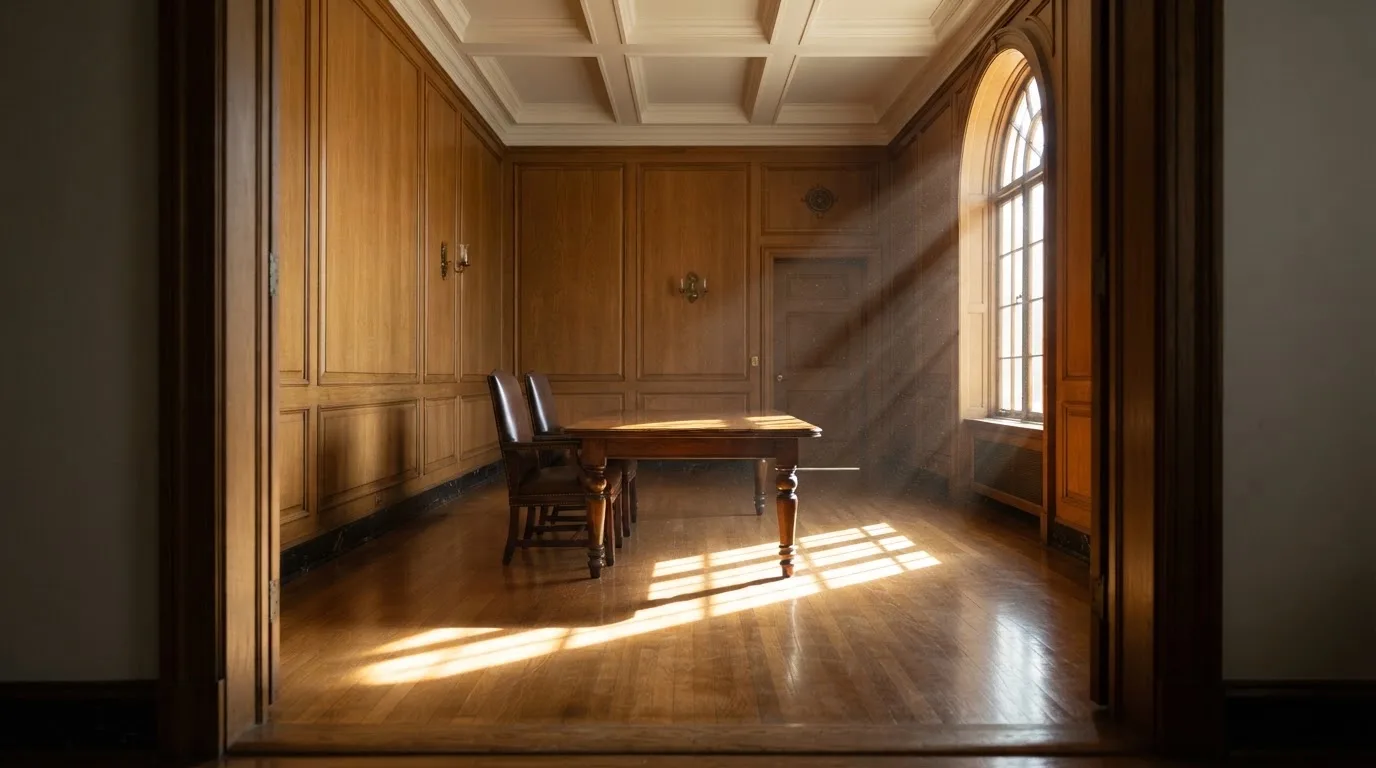Sala de tribunal vazia com painéis de madeira, à luz da manhã — melhor blackjack em portugal
