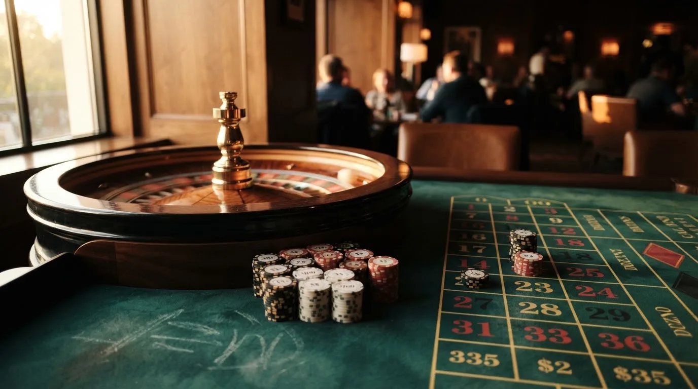 Roda de roleta e fichas sobre feltro verde, sob uma luz quente de fim de tarde — melhor blackjack em portugal
