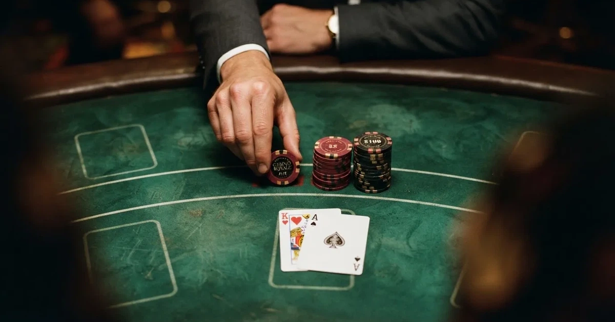 Mesa de jogo iluminada com cartas, vista de cima — melhor blackjack em portugal