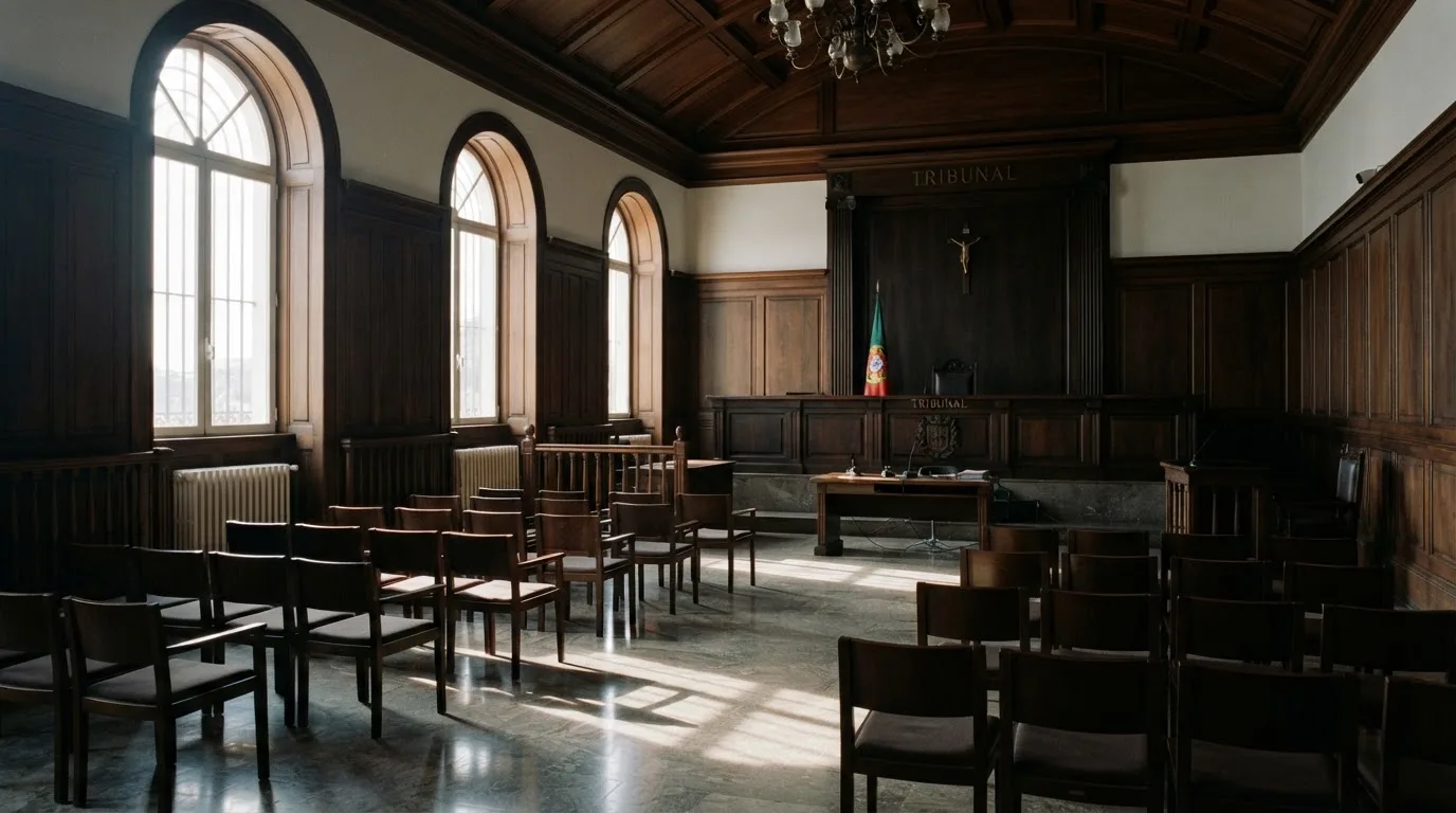 Sala de tribunal vazia com painéis de madeira, à luz da manhã — melhor roleta em portugal