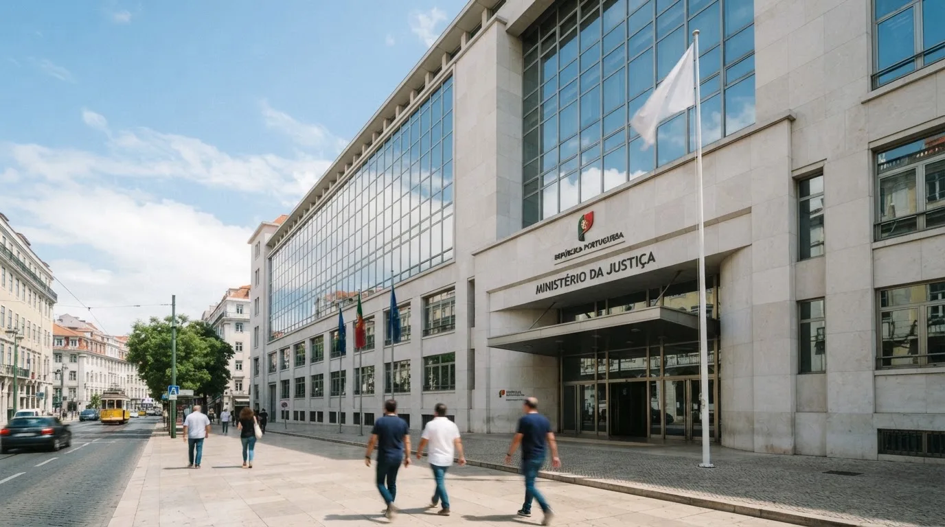 Edifício de escritórios de um organismo público em Lisboa, visto da rua, com vidros espelhados a refletir o céu e uma bandeira.