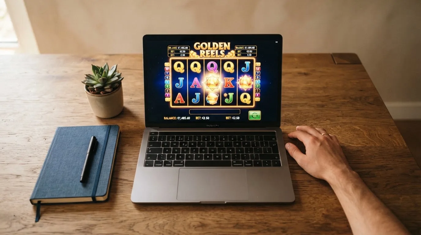 Pessoa a explorar um casino online no portátil numa mesa de sala, com bloco de notas fechado e uma planta ao lado.