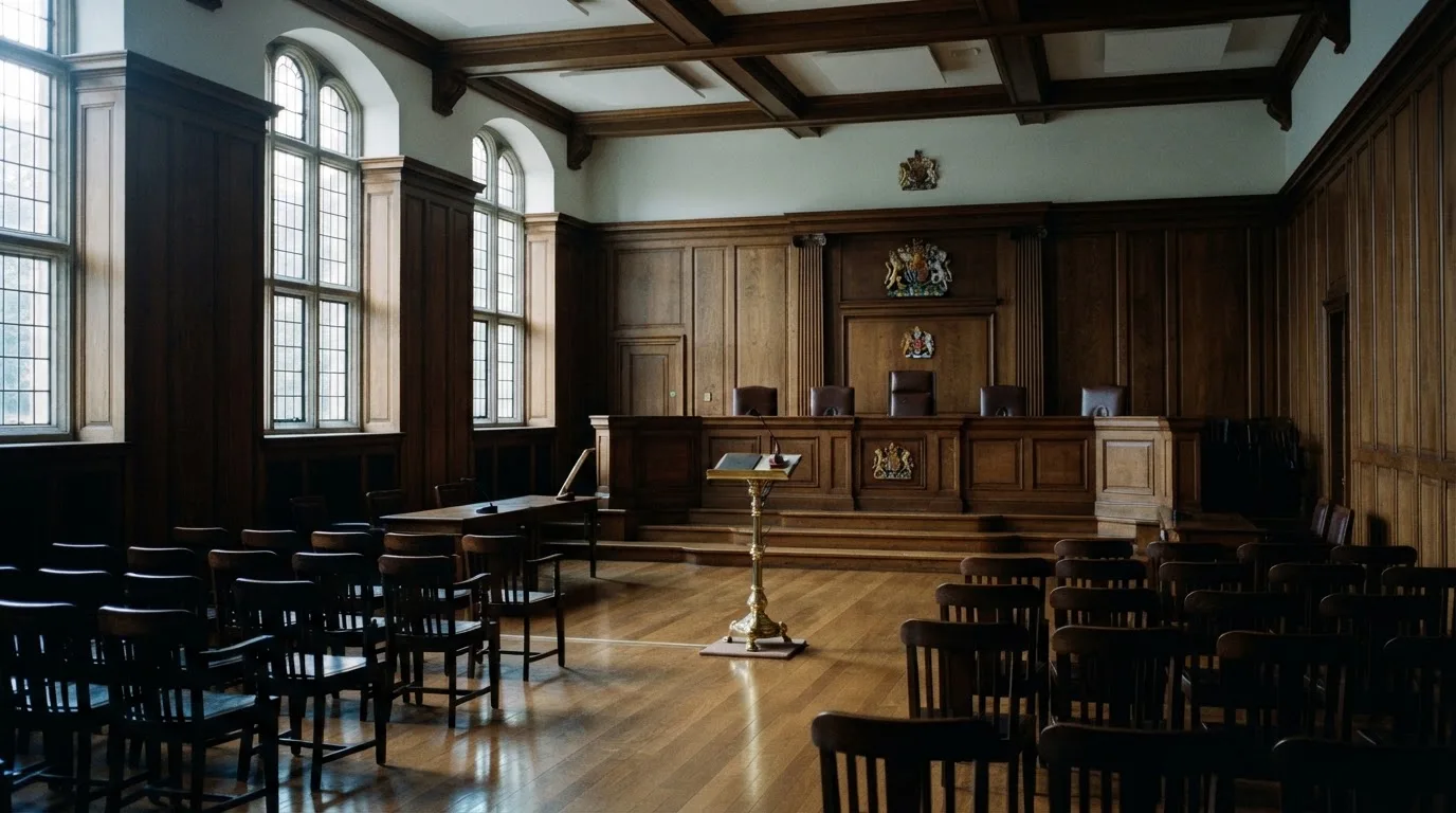 Sala de tribunal vazia com painéis de madeira, à luz da manhã — melhores cassinos em portugal