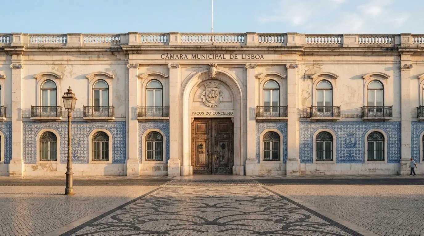 Fachada de um edifício oficial lisboeta com azulejos e portas altas, rua em calçada portuguesa e um candeeiro antigo.