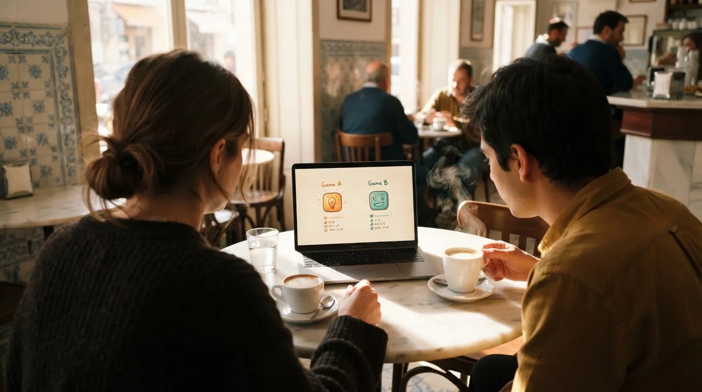 Duas pessoas a comparar opções à mesa de um café, com portátil aberto e dois cafés, luz natural de janela.