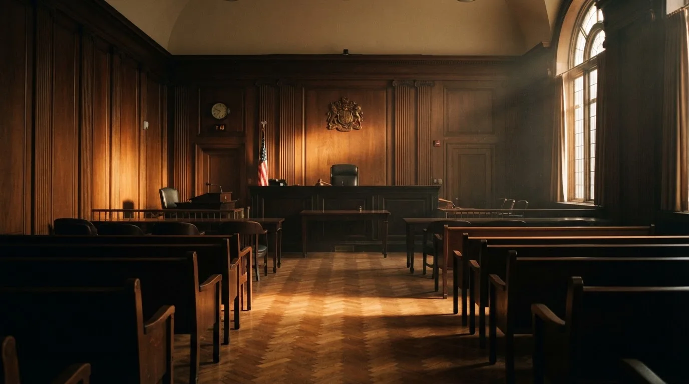 Sala de tribunal vazia com painéis de madeira, à luz da manhã — mesas de casino em portugal