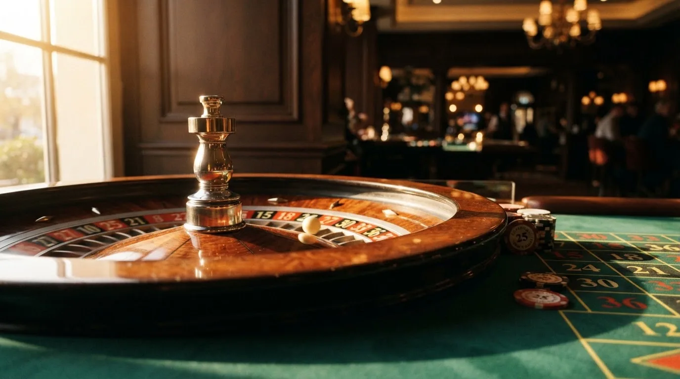Roda de roleta e fichas sobre feltro verde, sob uma luz quente de fim de tarde — mesas de casino em portugal