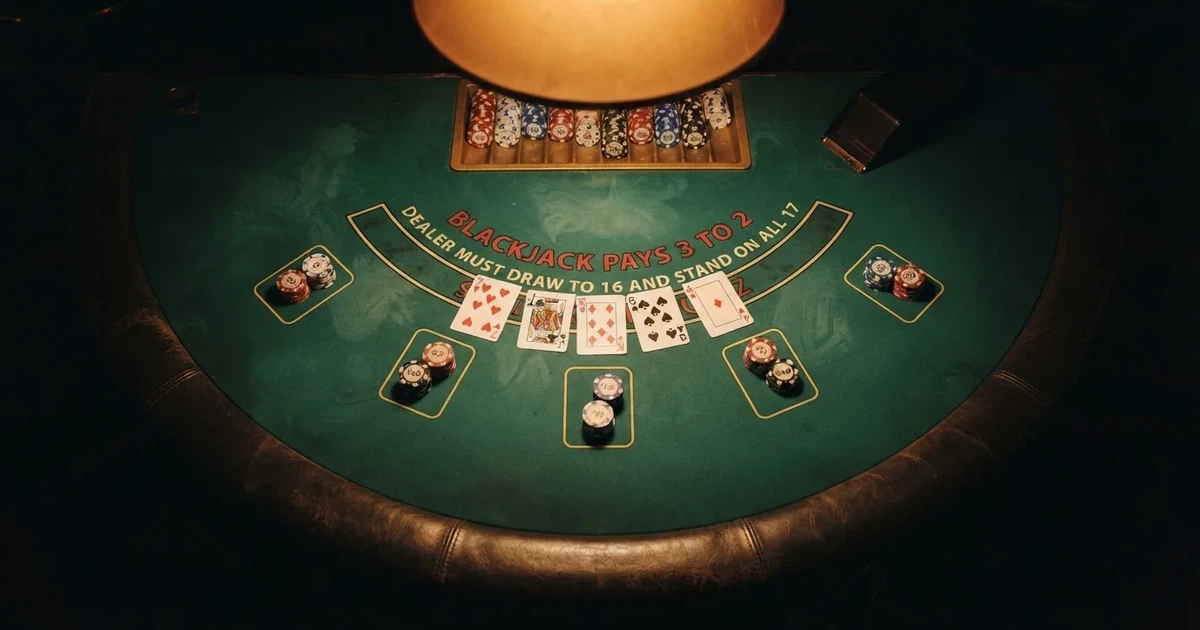 Mesa de jogo iluminada com cartas, vista de cima — mesas de casino em portugal