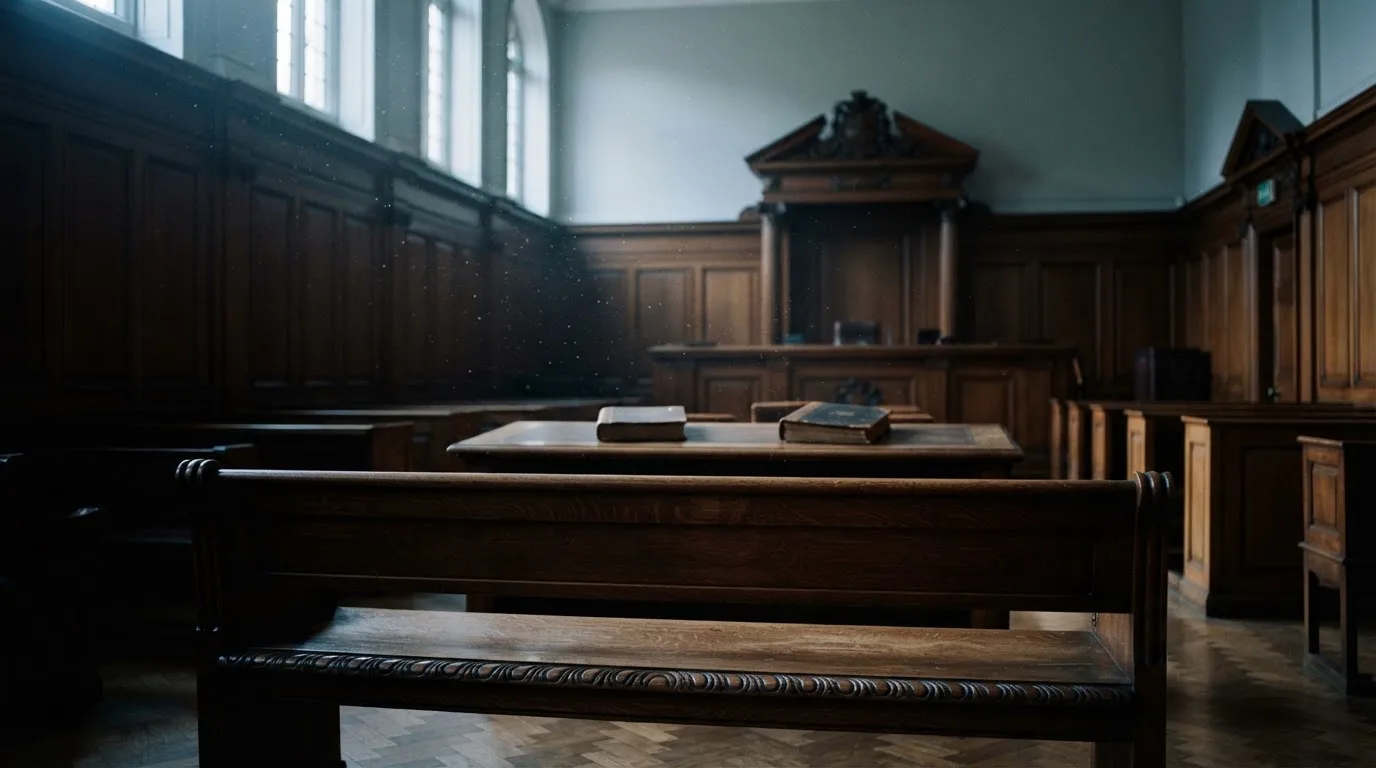Sala de tribunal vazia com painéis de madeira, à luz da manhã — novo casino em portugal