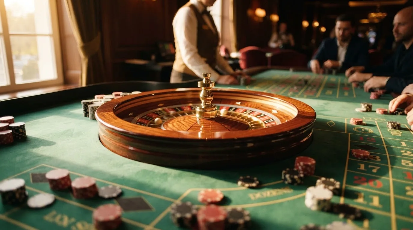 Roda de roleta e fichas sobre feltro verde, sob uma luz quente de fim de tarde — novo casino em portugal