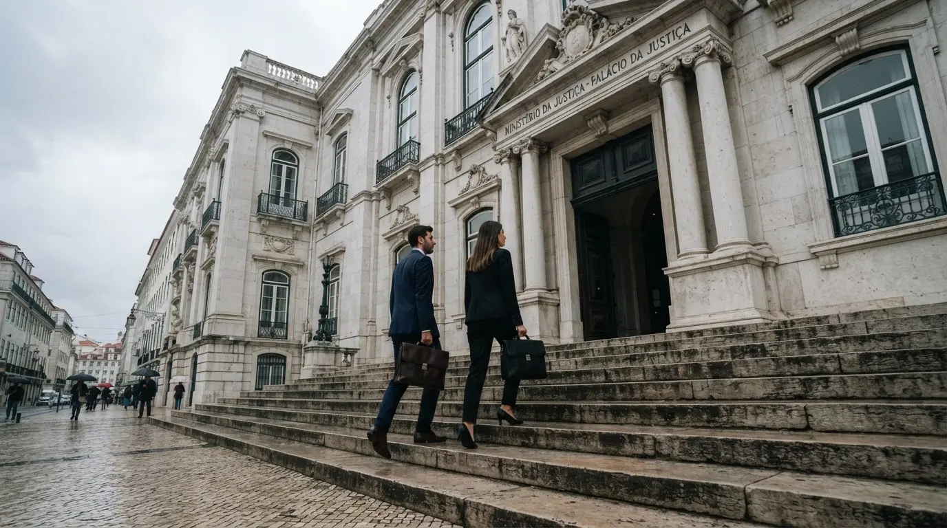 Pessoas de fato a caminhar à frente de um edifício de serviços públicos em Lisboa, com pasta na mão e céu nublado.