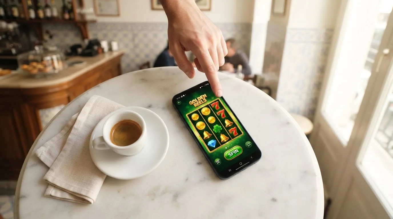 Pessoa a explorar jogos no telemóvel num café, com uma bica na mesa e luz de manhã a entrar pela montra.