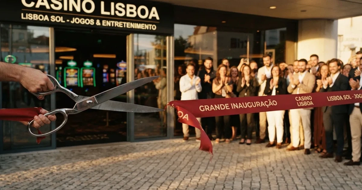 Fita de inauguração vermelha a ser cortada por uma tesoura grande à porta de um espaço moderno, com pessoas desfocadas a aplaudir.