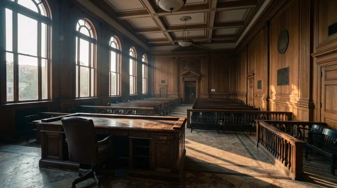 Sala de tribunal vazia com painéis de madeira, à luz da manhã — ofertas de casino em portugal