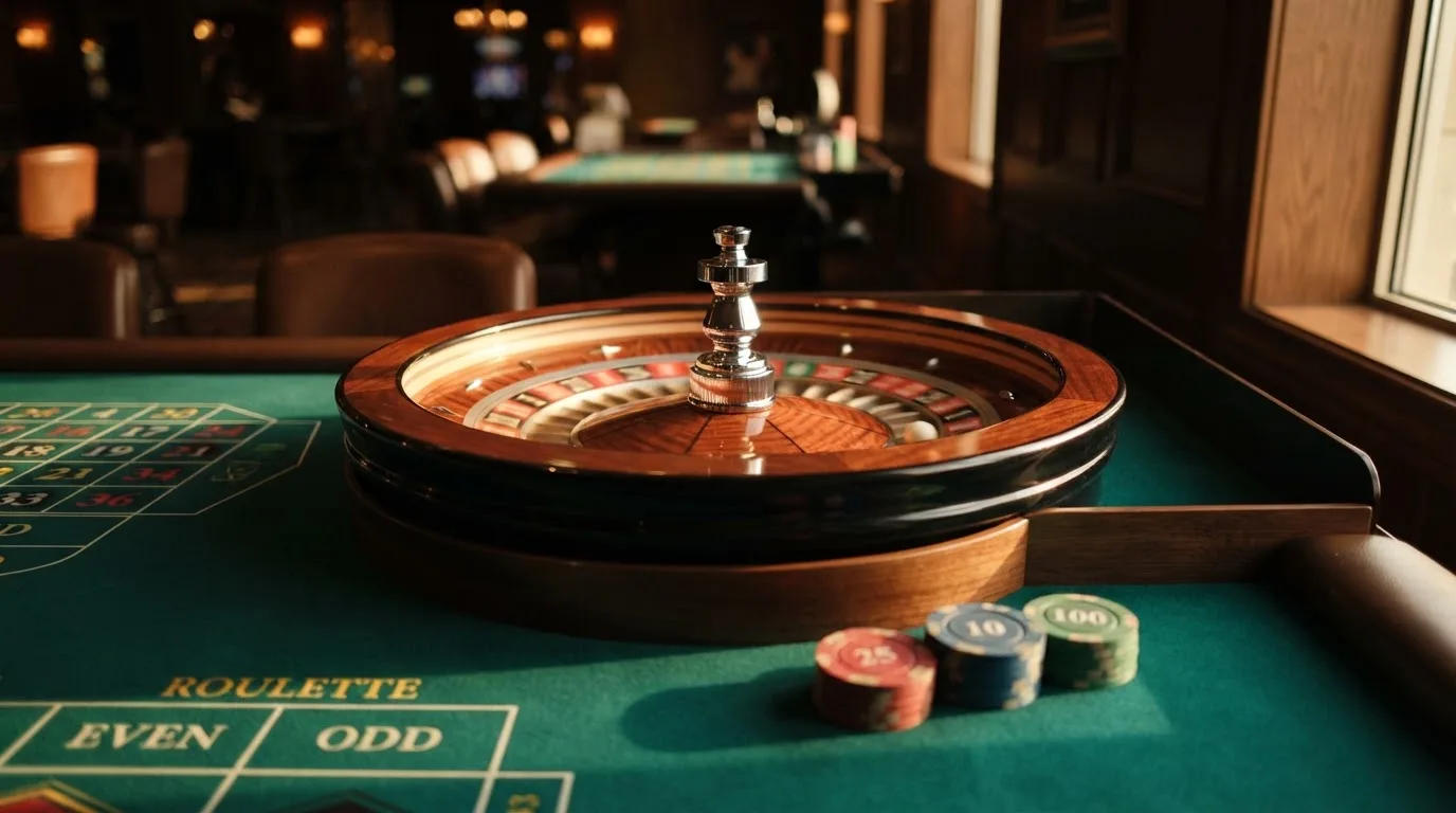 Roda de roleta e fichas sobre feltro verde, sob uma luz quente de fim de tarde — ofertas de casino em portugal